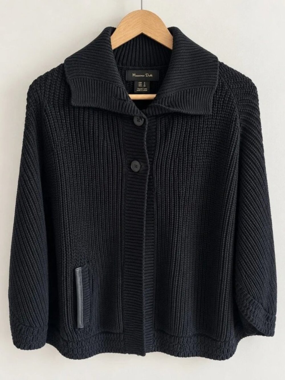 Massimo Dutti Ribbed Knit Poncho Cape, Black, Size S